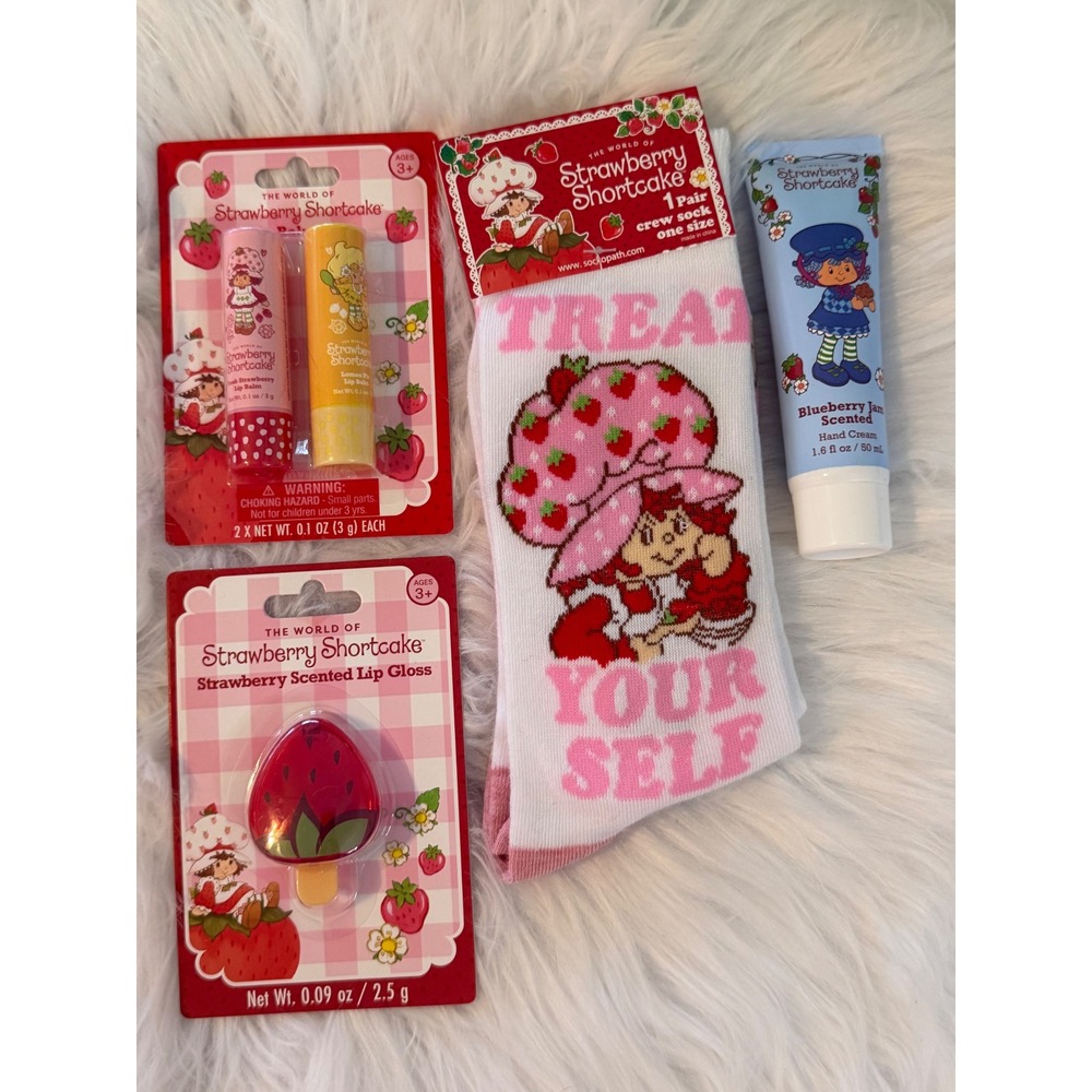 Strawberry Shortcake Bundle Socks Hand Cream Lip Balm Duo and Lip Gloss Set